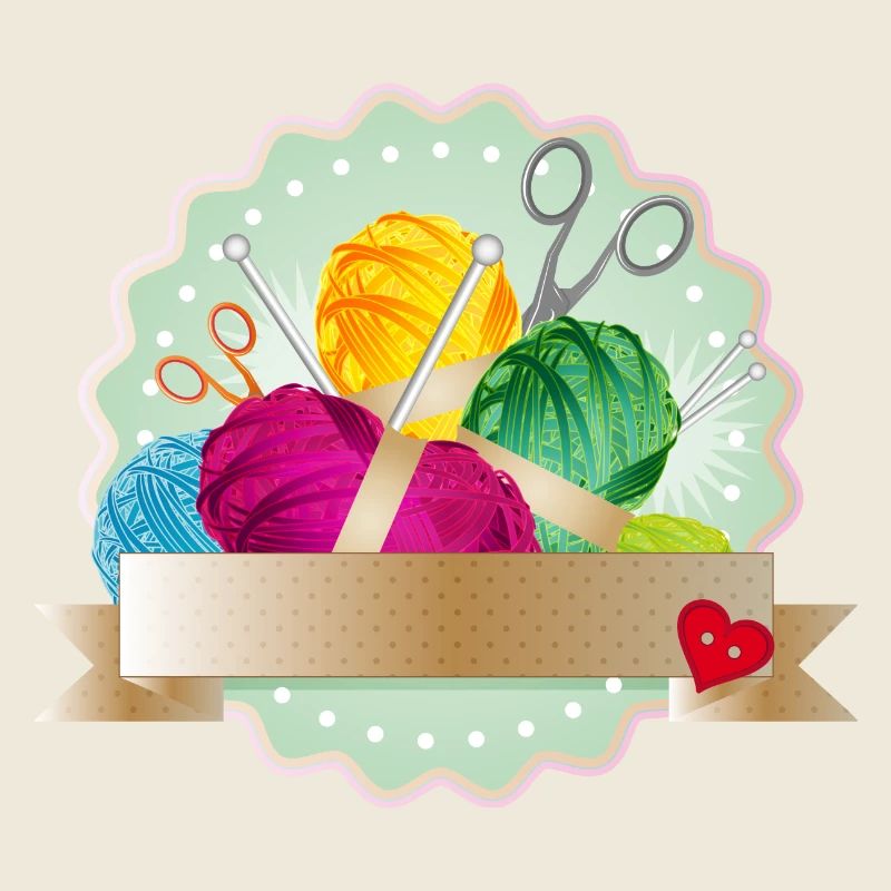 Balls of wool, button & knitting needles as a colorful patch