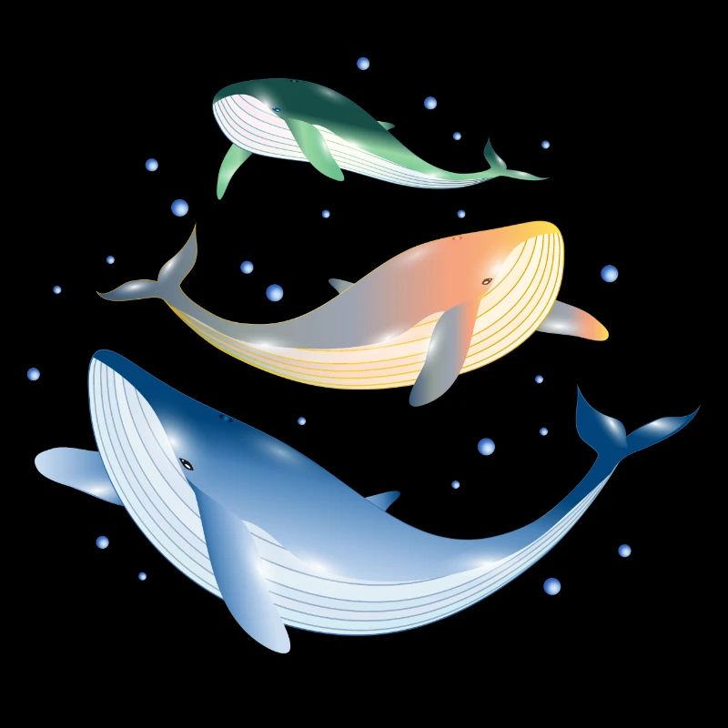 three brightly colored shimmering whales in the ocean