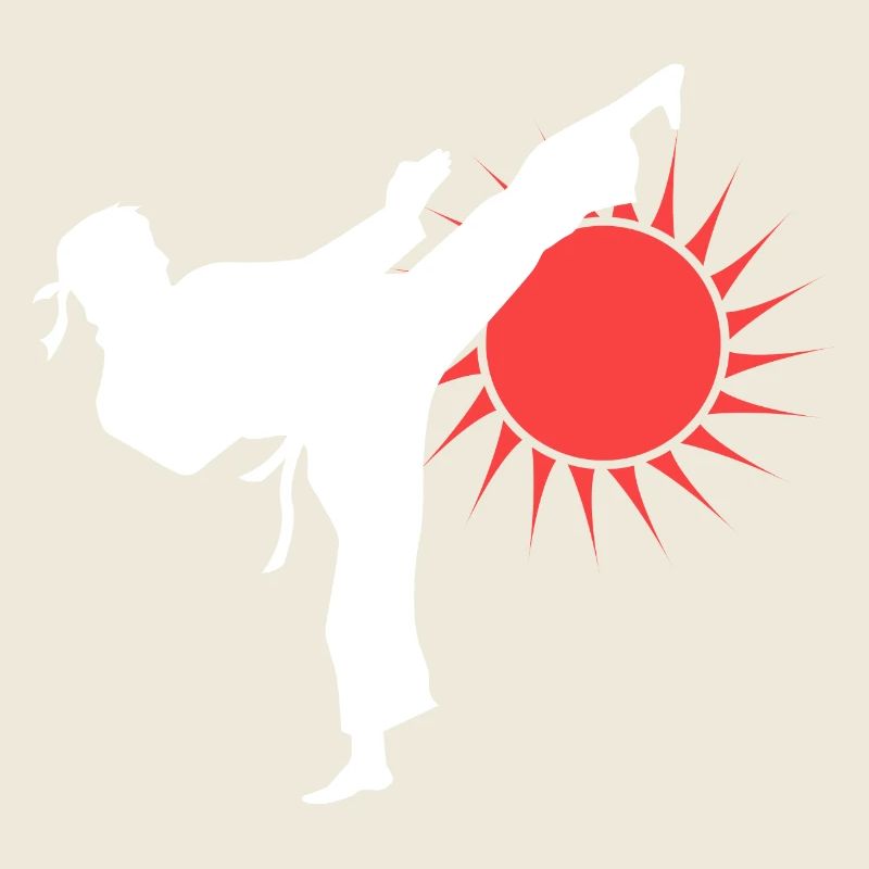 Silhouette de coup de pied de karaté avec soleil rouge