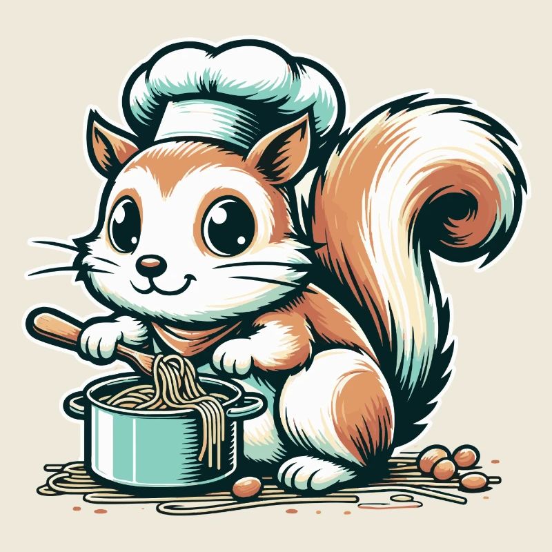 Mignon écureuil de dessin animé cuisinant des spaghettis