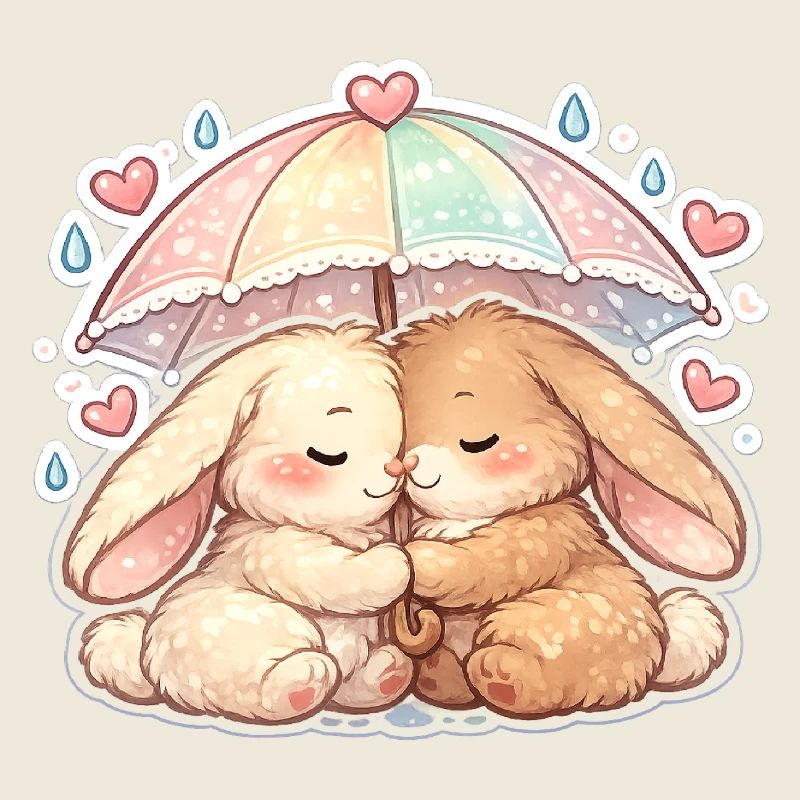 Cuddly rain rabbits under umbrella