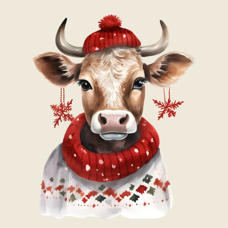Vache d’hiver avec écharpe rouge et chapeau