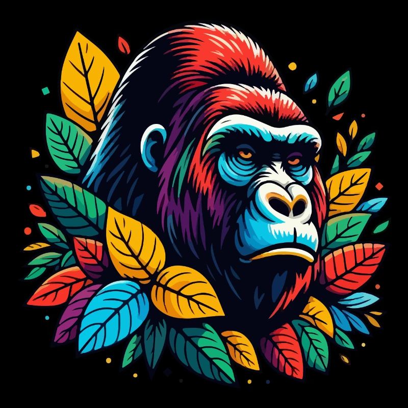 GORILLA AFFE TIER BUNT HERBST BLÄTTER ERNST WÜTEND