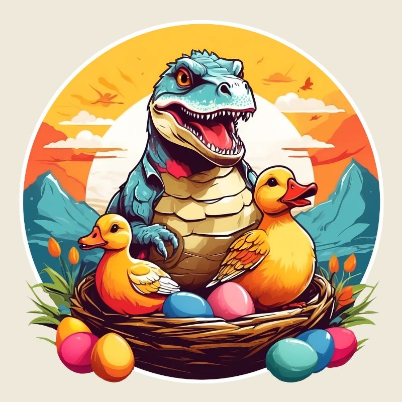 Petit Dino dans le panier de Pâques, bébé Dino et oeufs de Pâques.