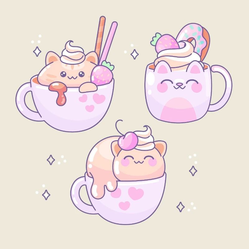 Trio de tasses pour chats kawaii avec garnitures sucrées
