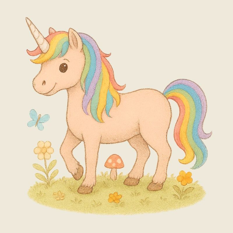 Buntes Einhorn mit Blumen und Schmetterling