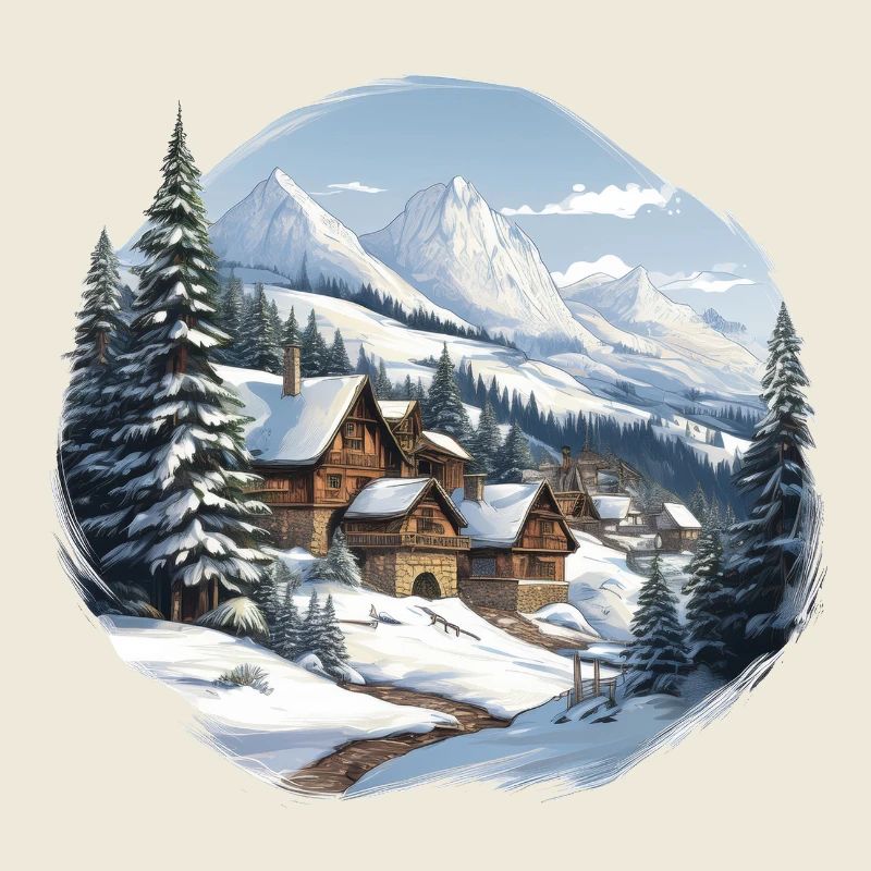 Alpine huts in winter panorama