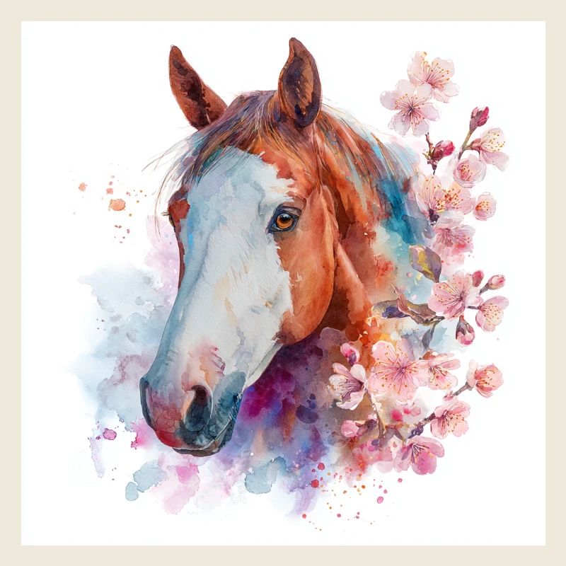 Aquarell Pferde- und Kirschblüten