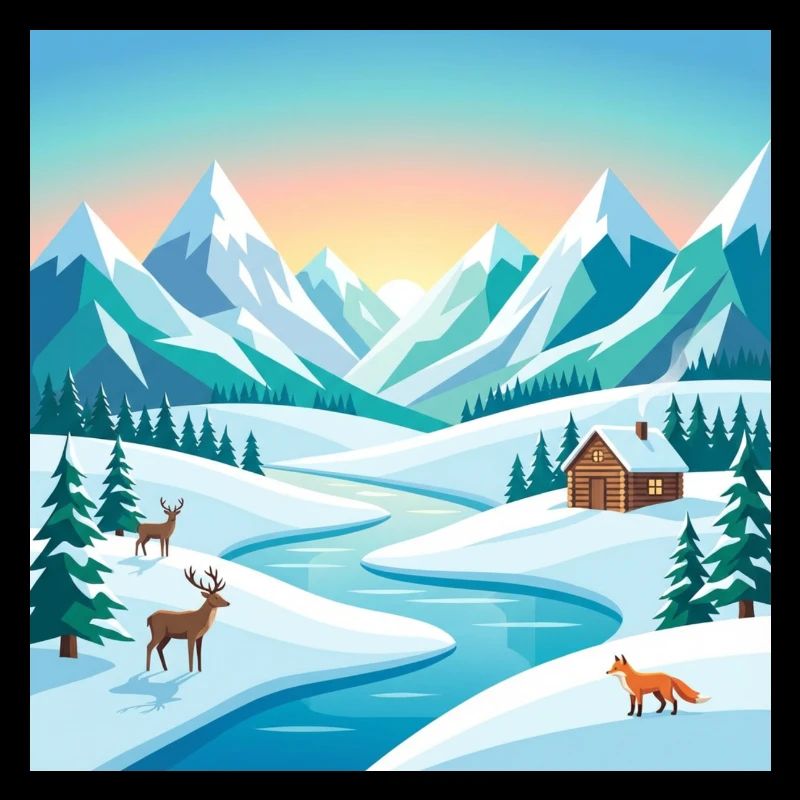 Alpenwinter-Szenerie mit Hirsch & Hütte