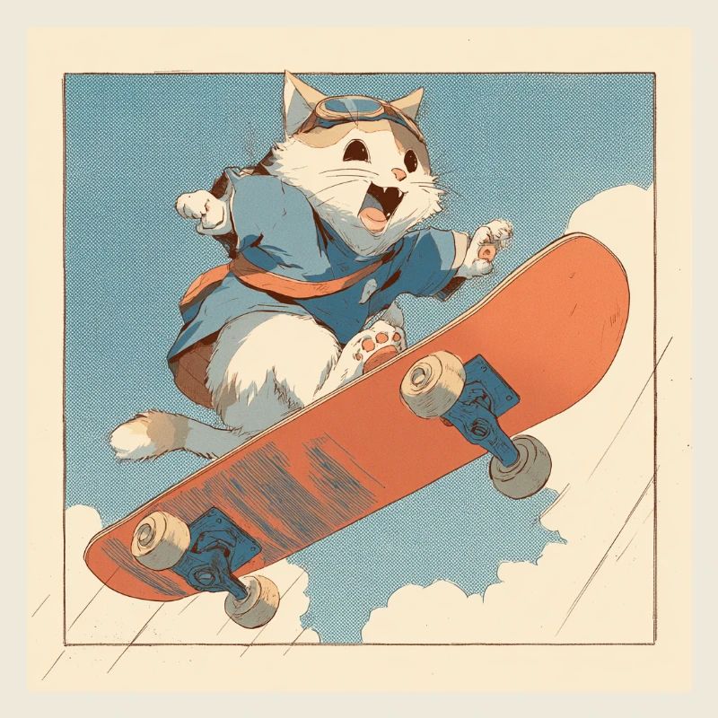 Retro Cat Skateboarder in Flight