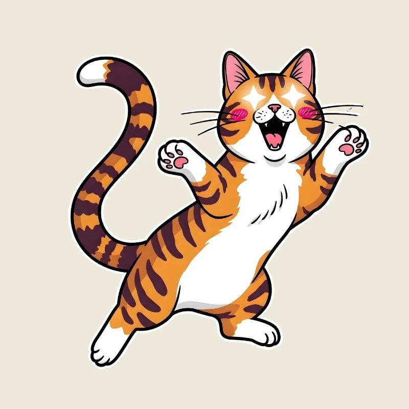 Cheerful tabby cat jumping joy