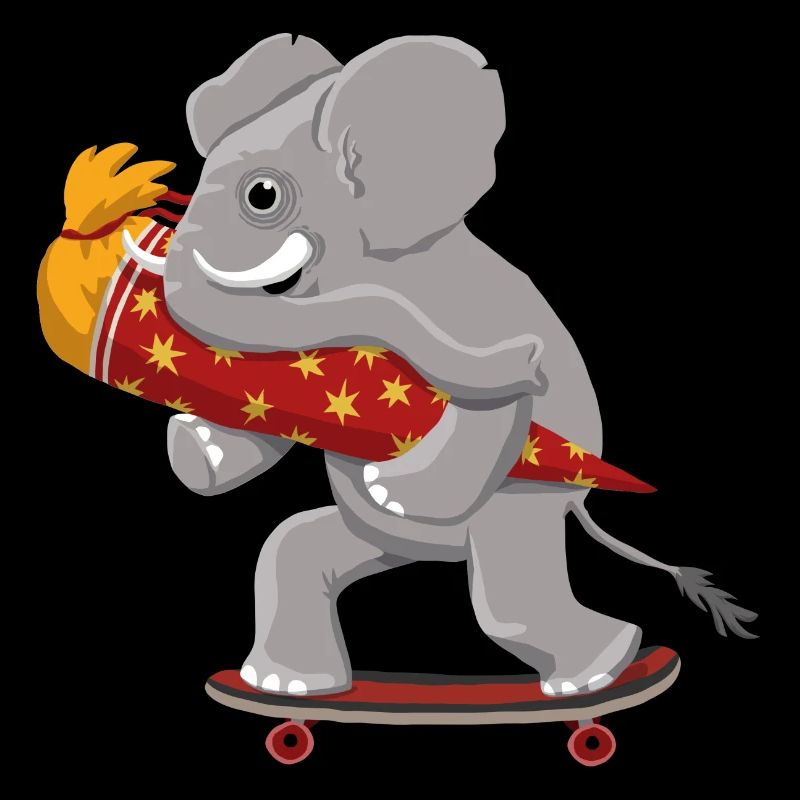 Eléphant avec planche à roulettes et cône d’école