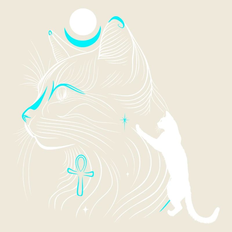 Minimalist Bastet Cat in Profile with Moon