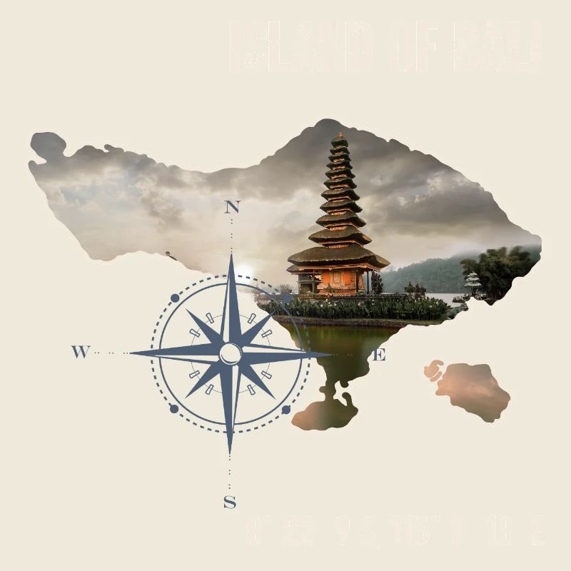 Bali island outline with temple and compass