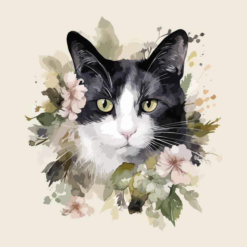 Noir Blanc Chat Fleurs Aquarelle Art Coloré