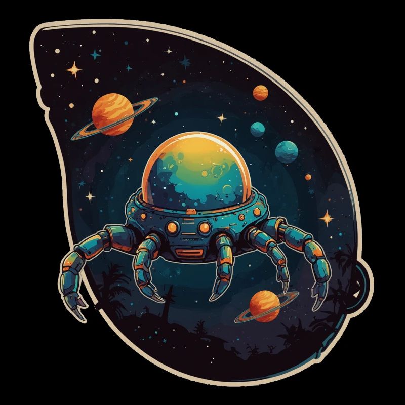 Crab spaceship in space with planets