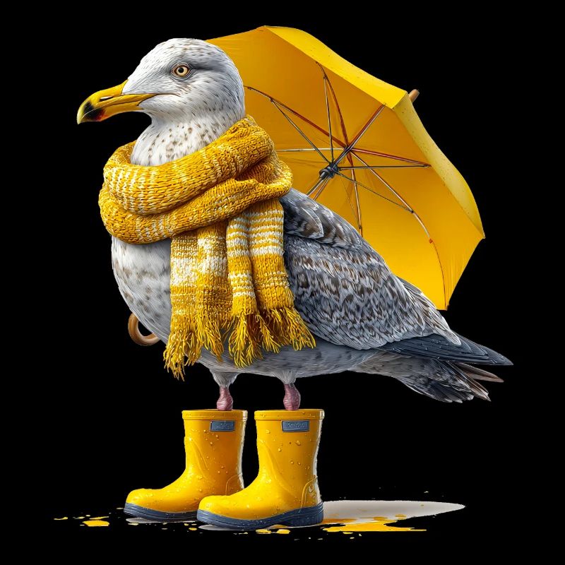 Seagull with yellow umbrella and boots