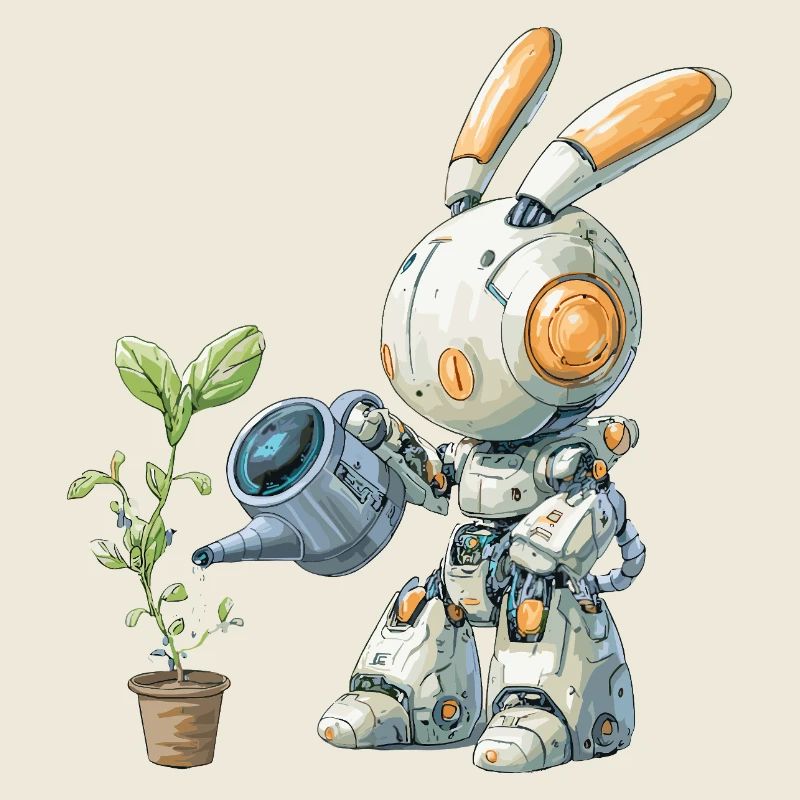 Roboter Hase gießt Pflanze