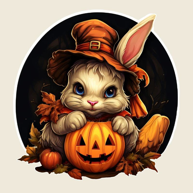 Lapin d’Halloween avec citrouille et chapeau