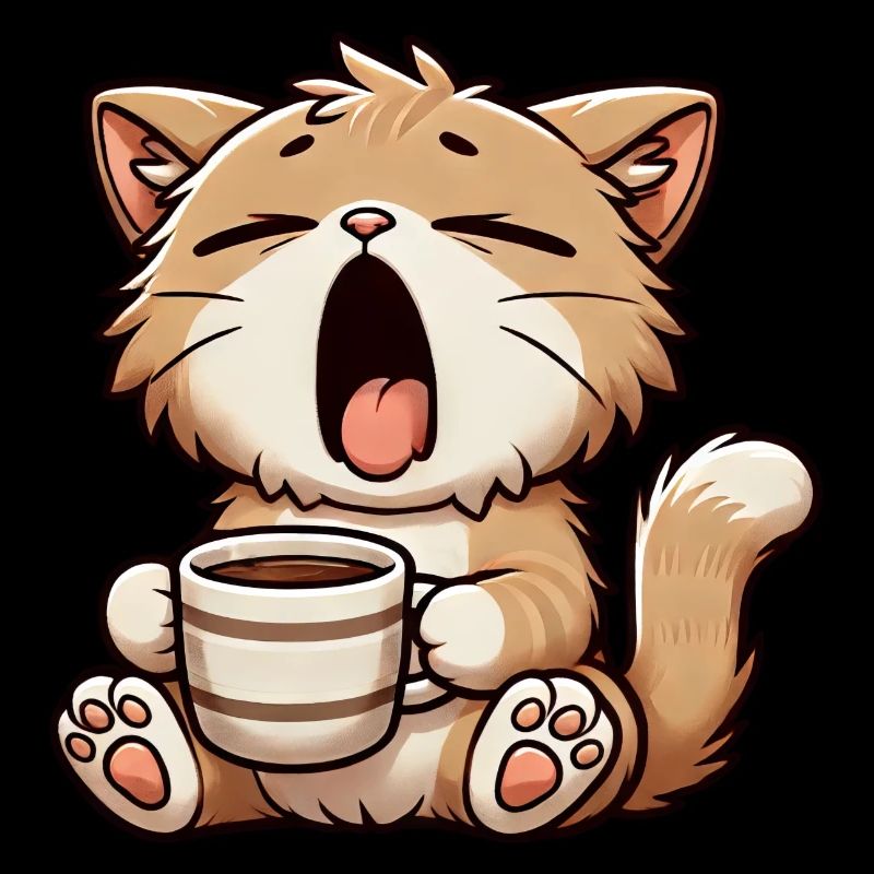 Müde Katze gähnt mit Kaffee Morgenmuffel