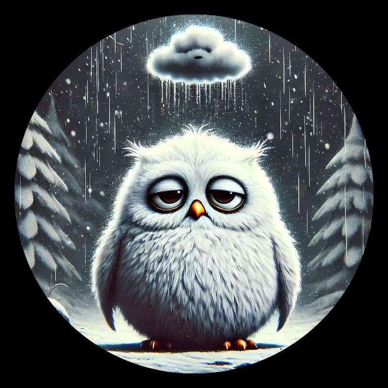 Eule Triste im eisigen Regen
