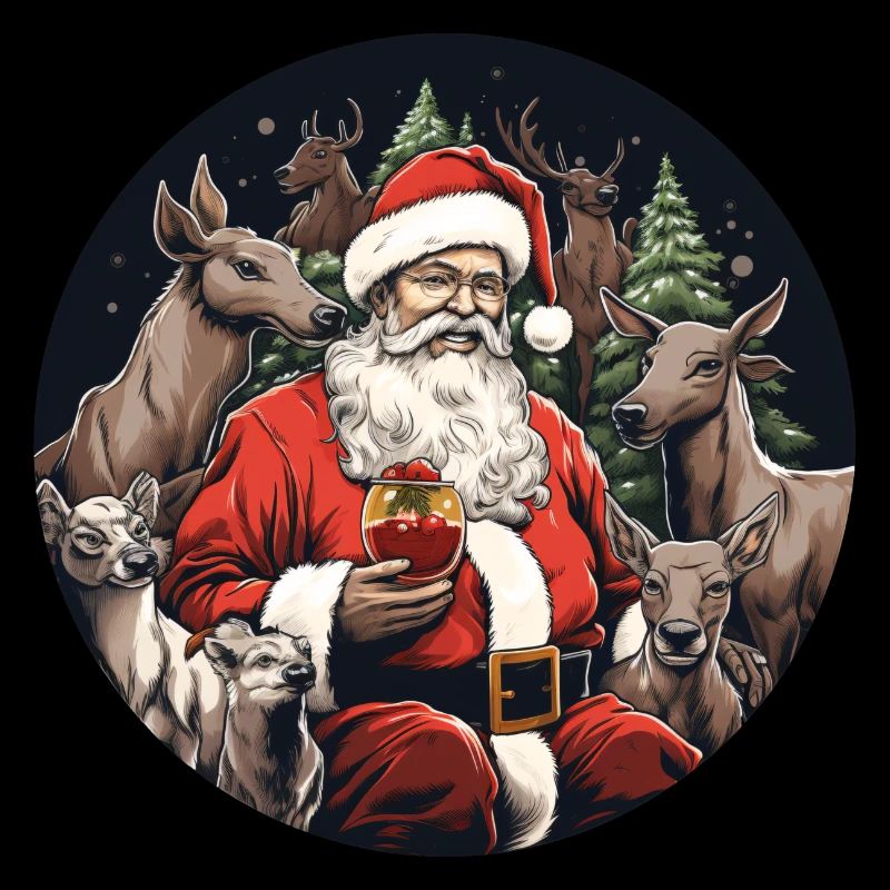 Weihnachtsmann mit Hirschen und Glühwein