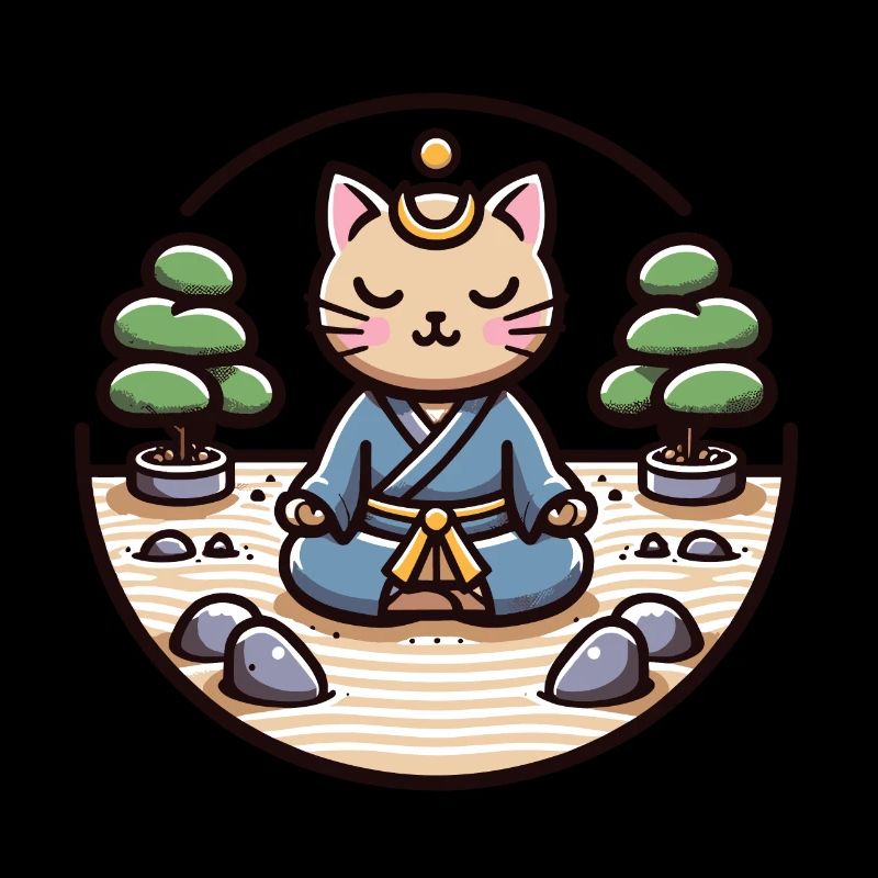 Chat samouraï serein dans un jardin zen