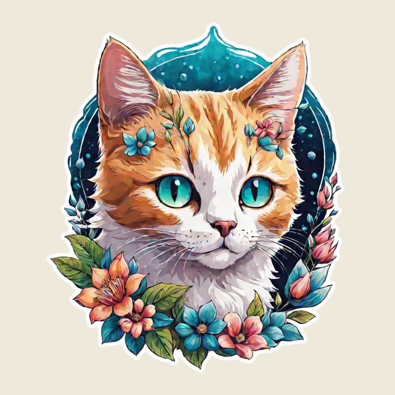 chat et fleur aquarelle