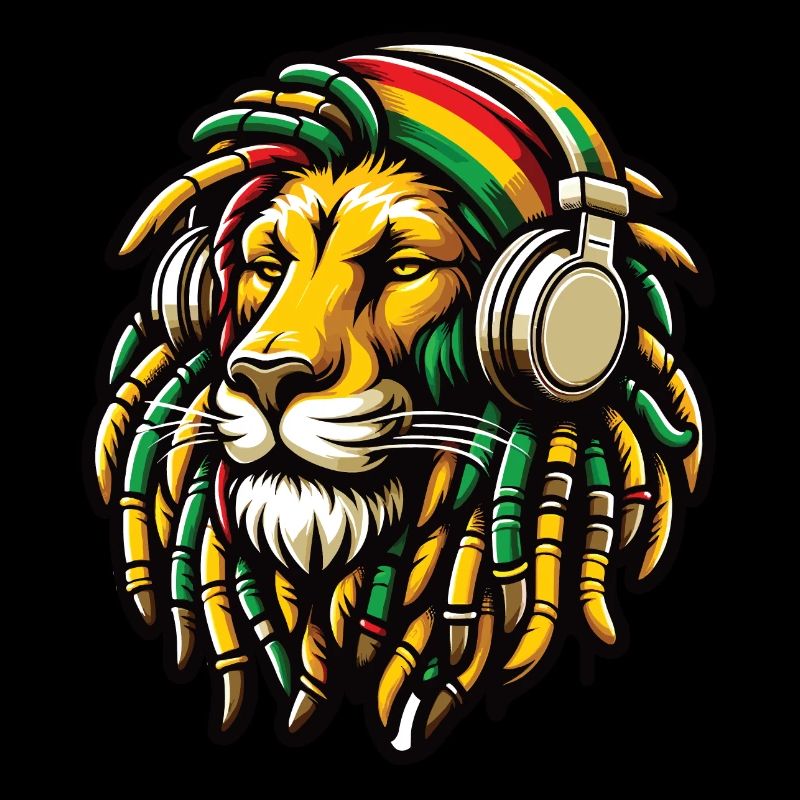 Ein Rasta-Löwe mit Dreadlocks und Kopfhörern