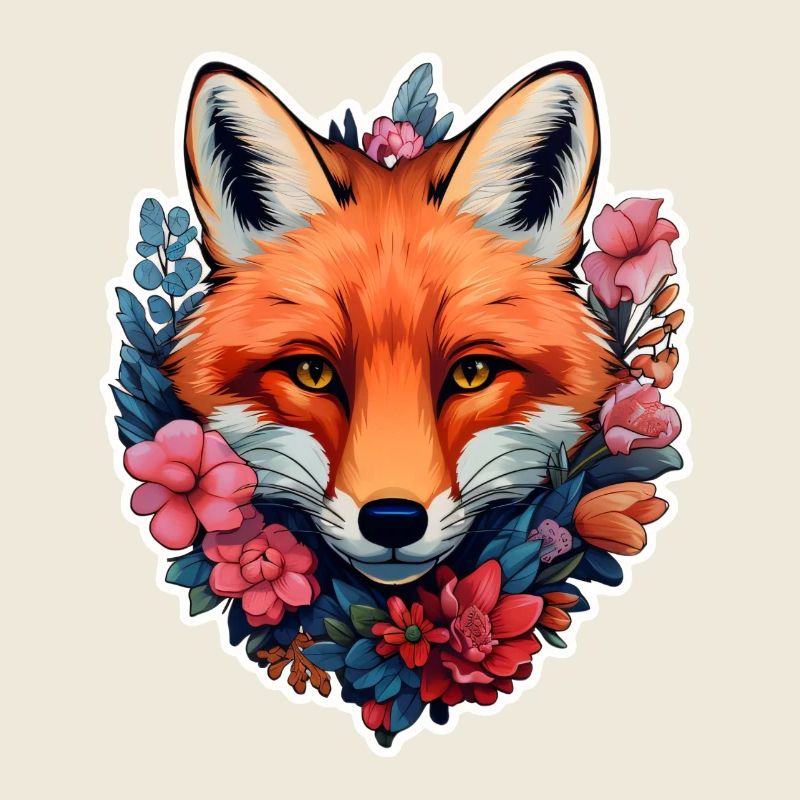 Tête de renard entourée de fleurs