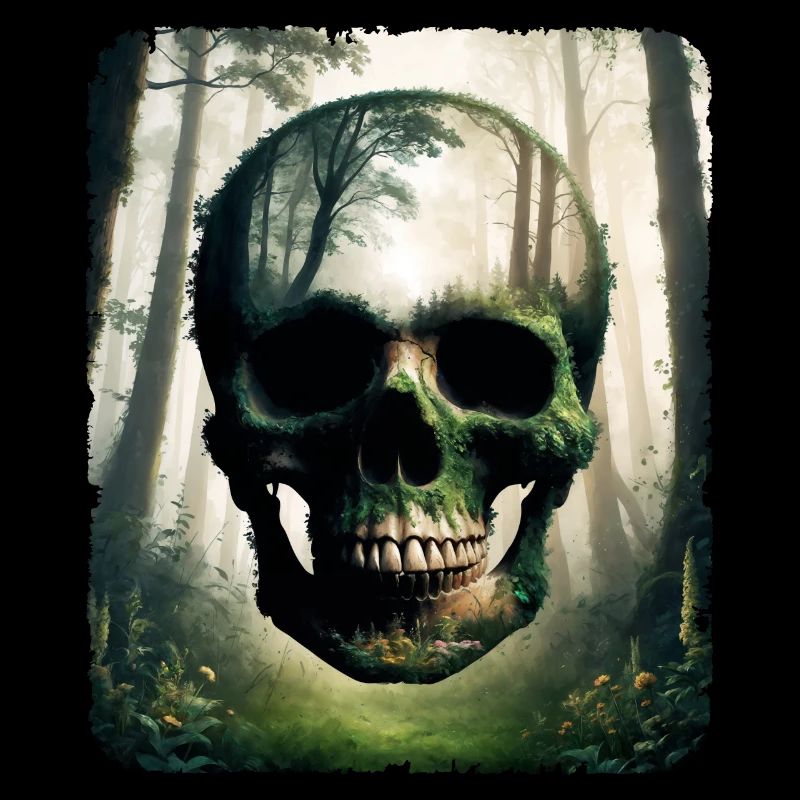 Human skull, intricately crafted from a forest
