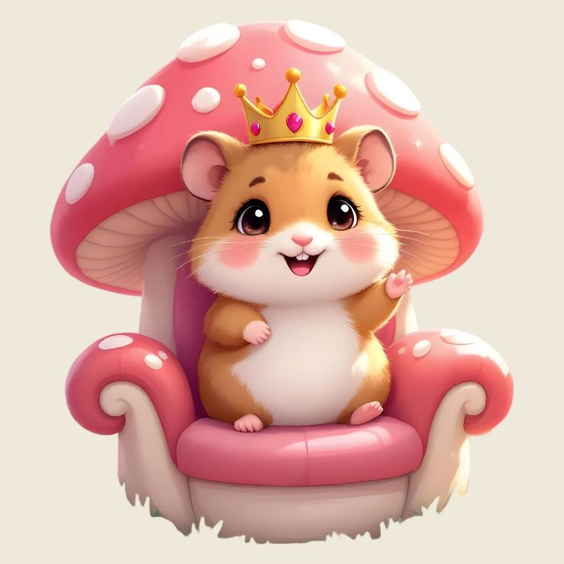Mignon hamster avec couronne sur le trône champignon