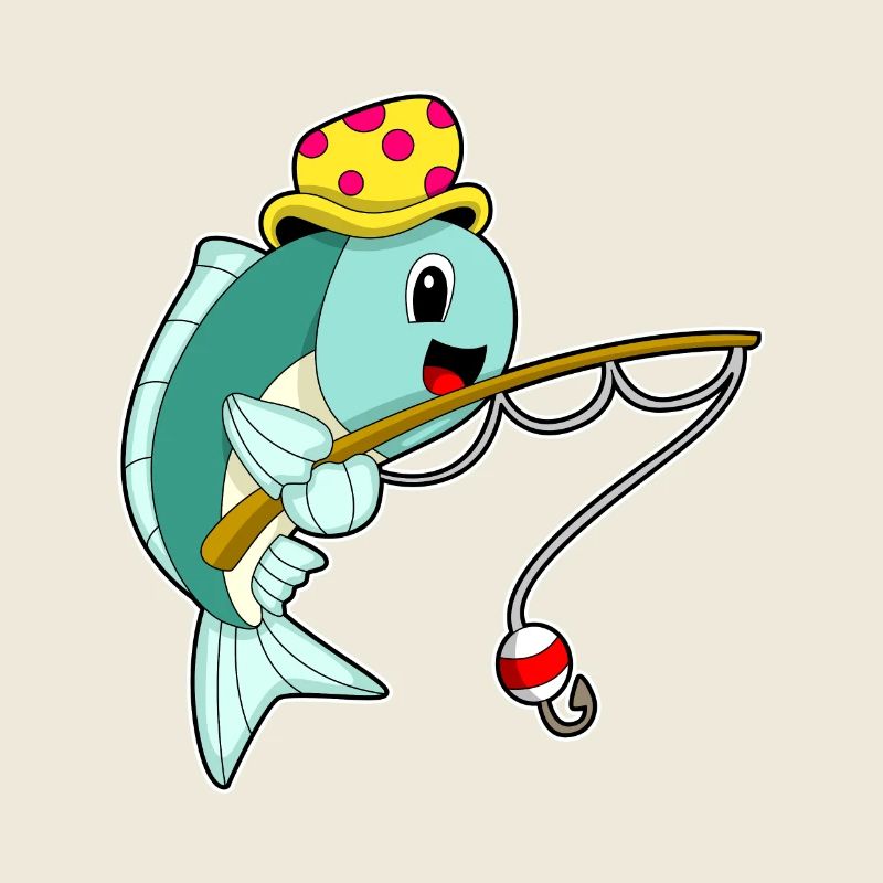Poisson pêche avec canne à pêche & chapeau