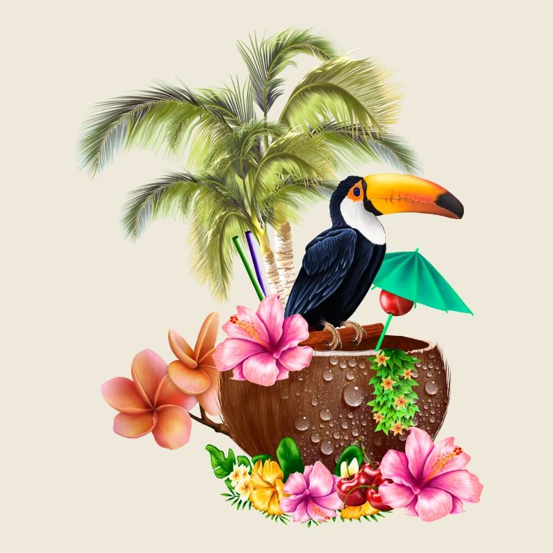 Tropical design with toucans and palm trees.