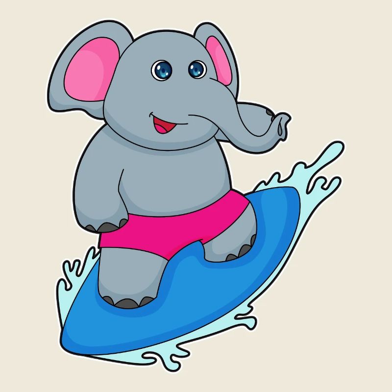 Elefant als Surfer mit Surfbrett