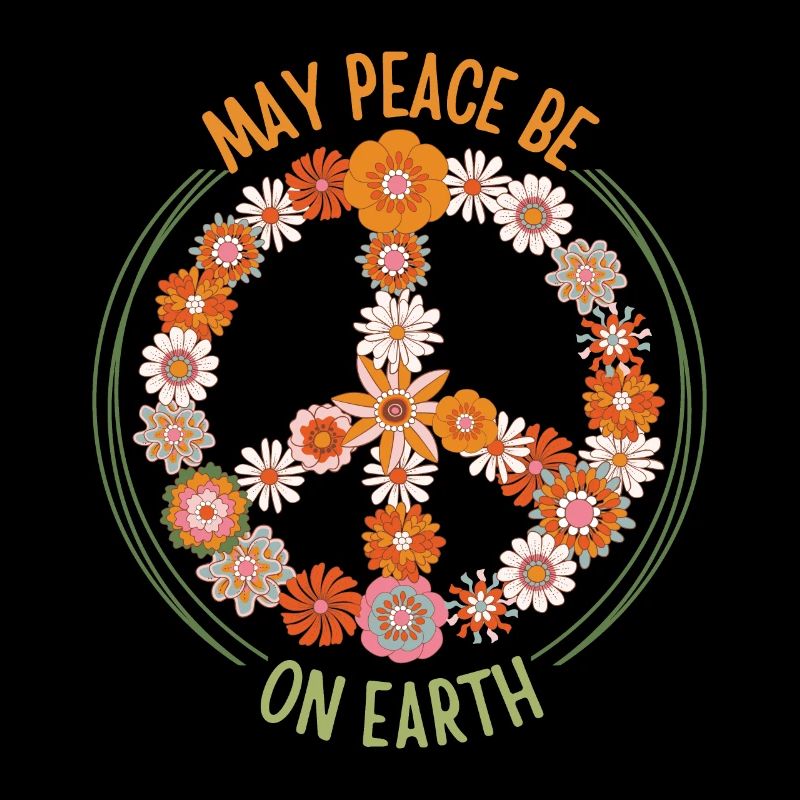 Peace symbol with flowers, groovy 70s style
