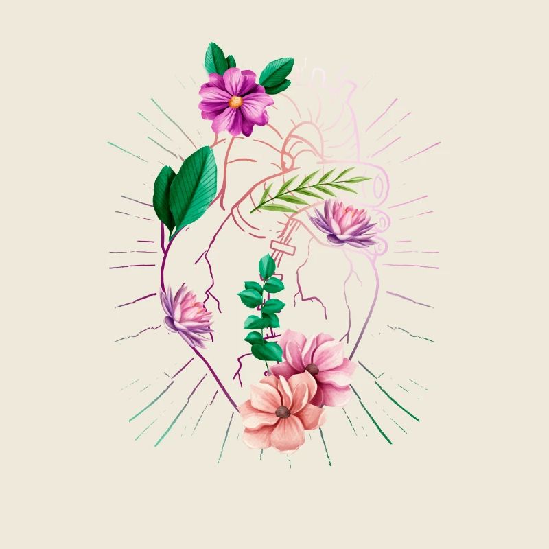 Anatomisches Herz und Blumen