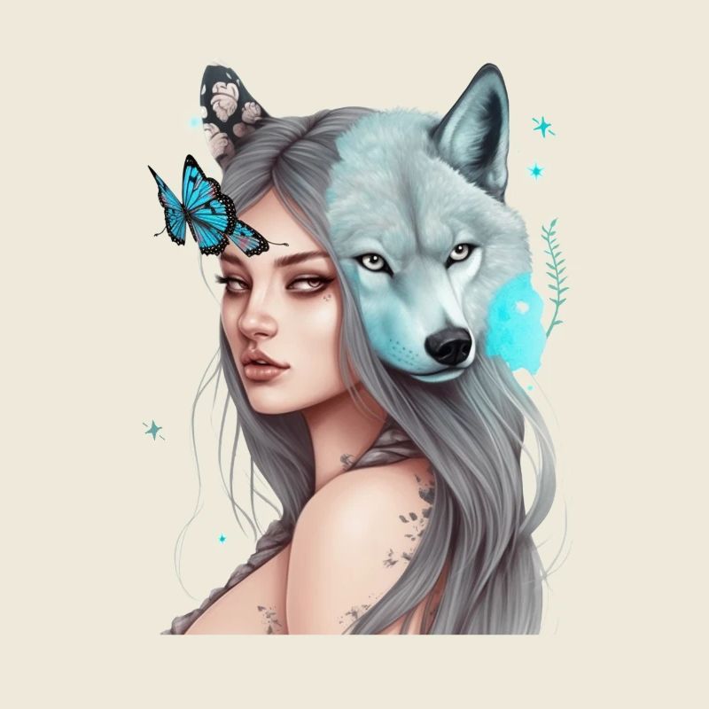 Belle fille et loup papillon graphique