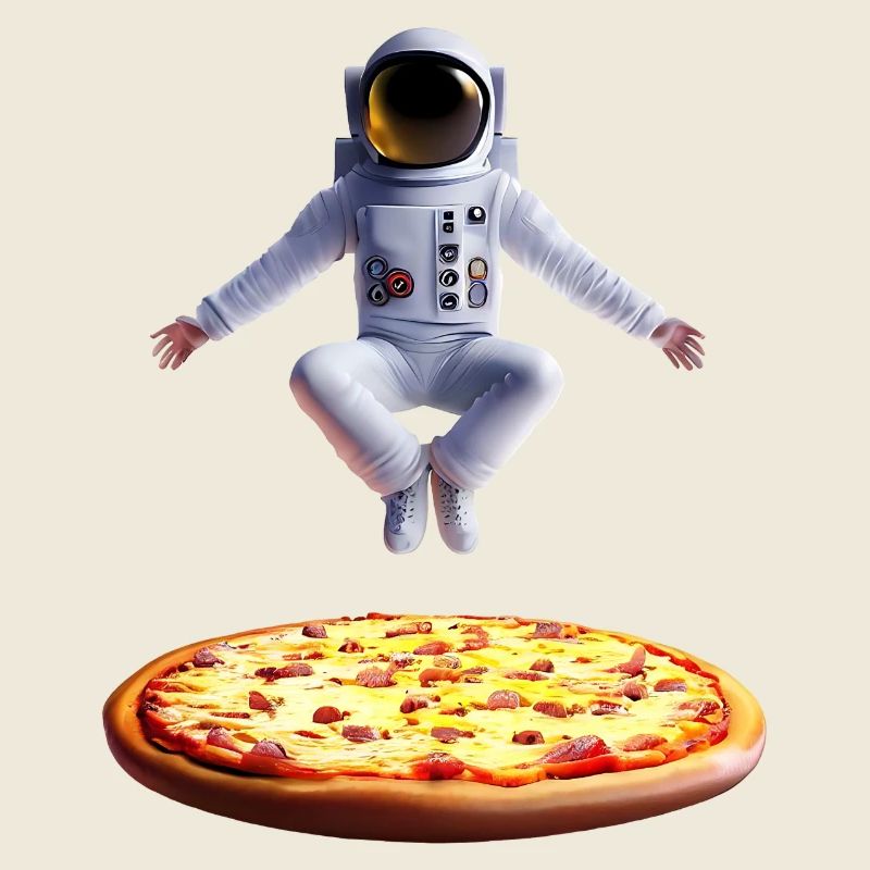 Hovering astronaut over pizza
