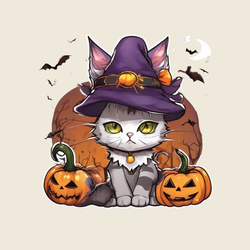 Chat Blanc Chat Halloween Chat Sorcière Chapeau de Sorcière