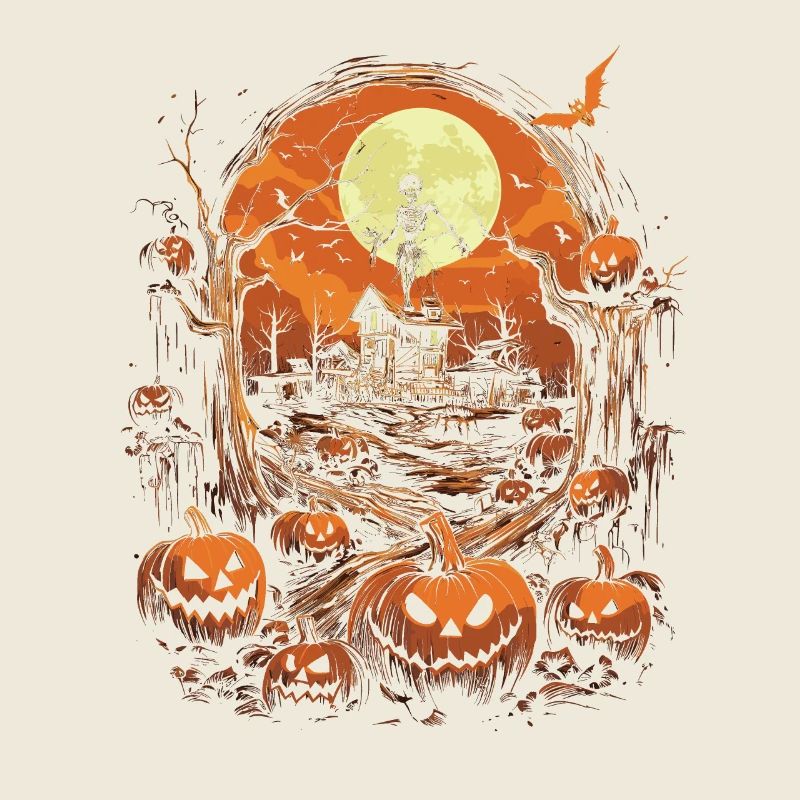 Haunted House with Pumpkins and Skeleton Full Moon