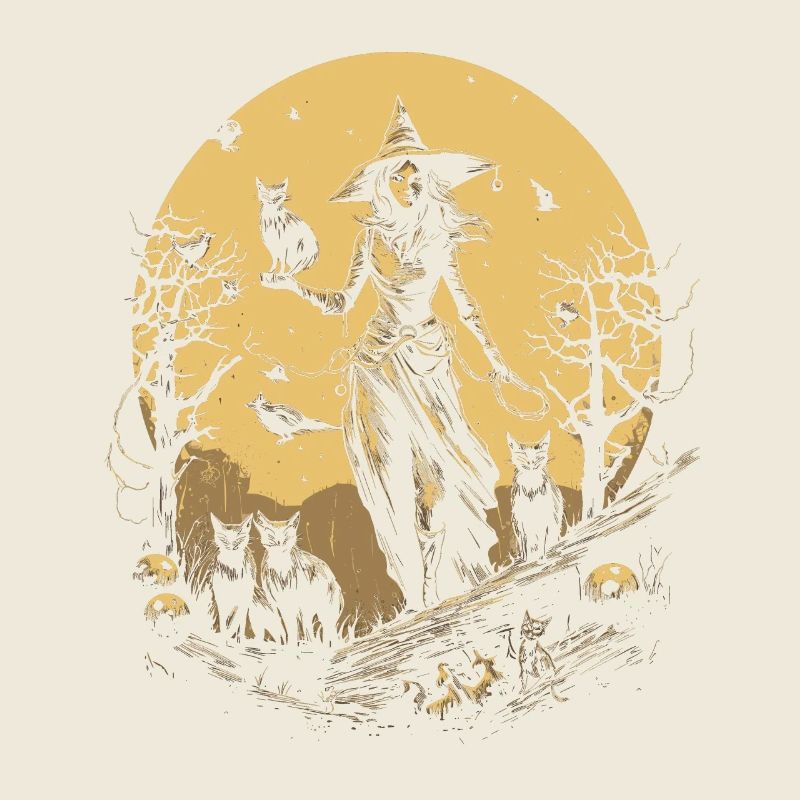 Creepy witch with black cats under full moon