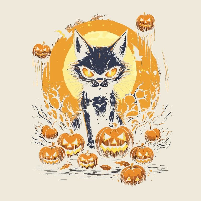 Creepy black cat with pumpkins and moon