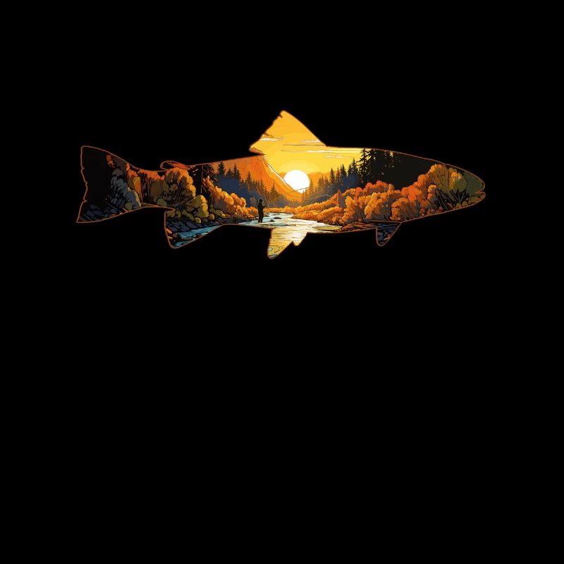 Rétro Sunset River & Mountain Scene Trout