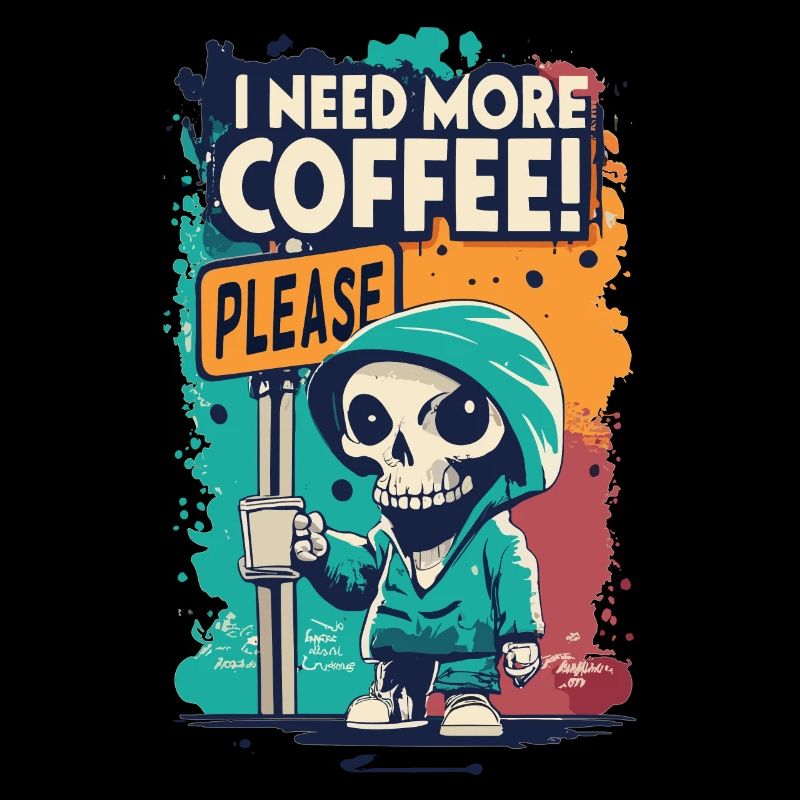 Skeleton Skull I NEED MORE COFFEE Coffee Saying