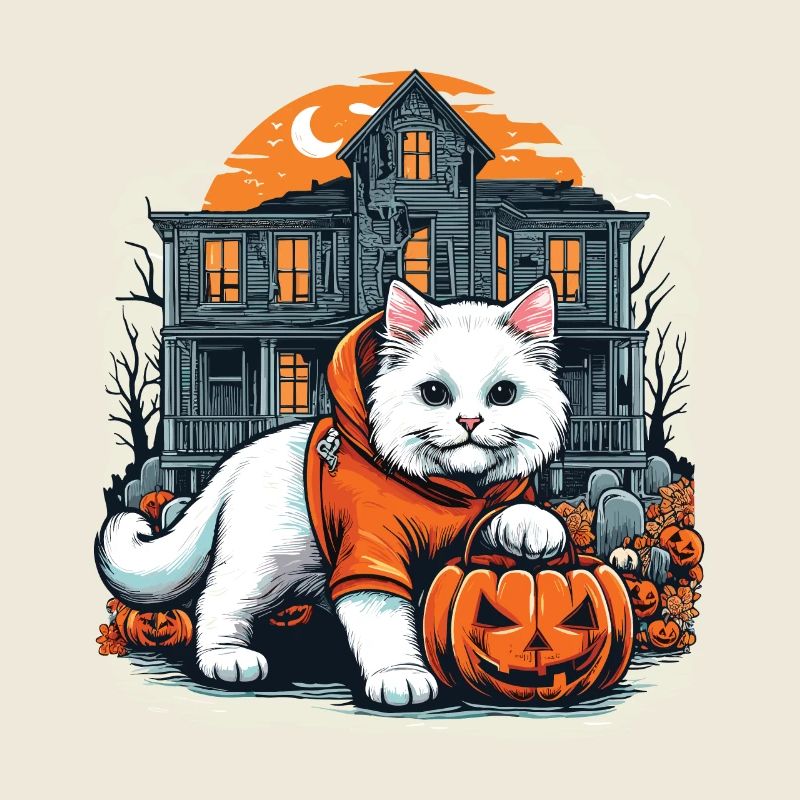 Chat blanc d’Halloween en sweat à capuche avec maison hantée