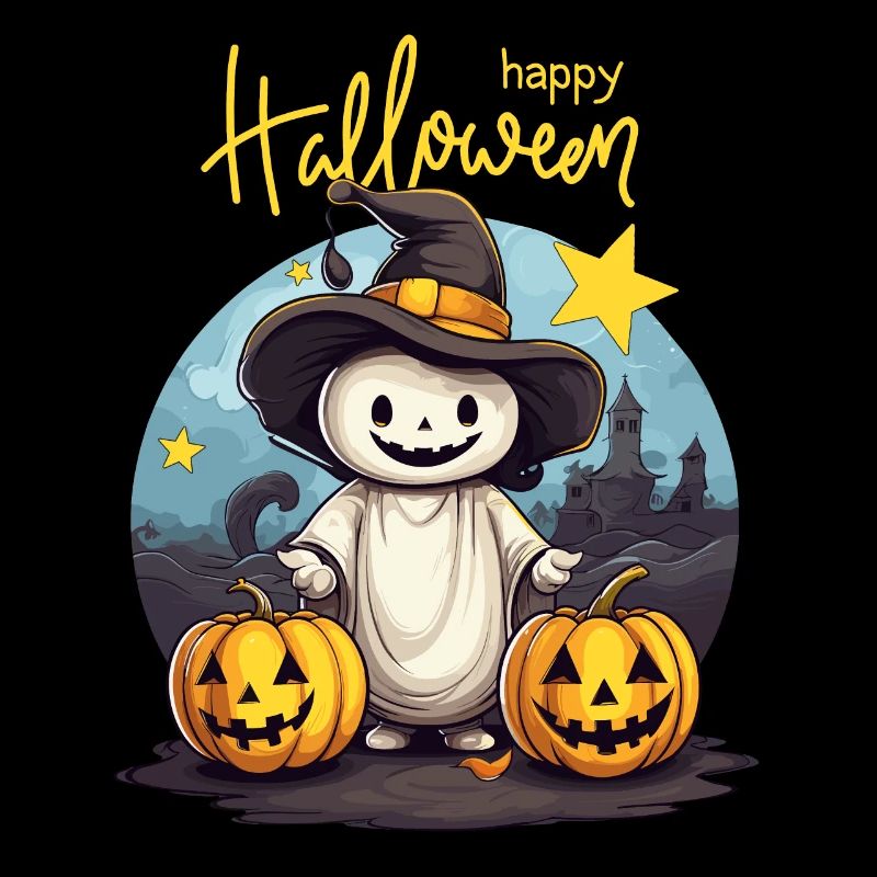 Little ghost celebrating Halloween with witch hat