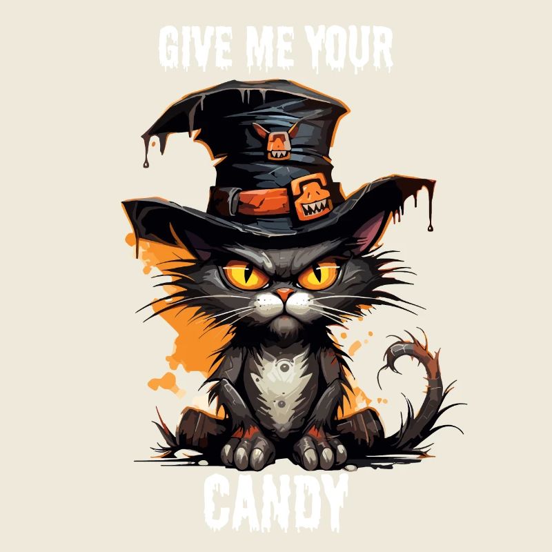 Schwarze Katze mit Hexenhut will Halloween Candy