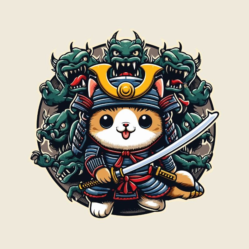 Samurai-Ninja-Katze und Monster dahinter