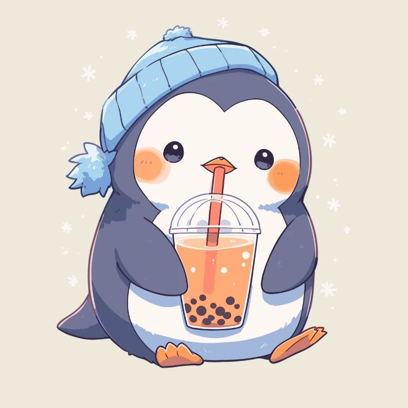 Kawaii Penguin Drinks Boba Bubble Tea Chibi